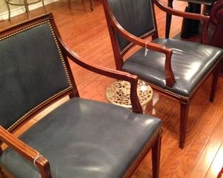 Pair of good-looking arm chairs with blue leather and nailhead detailing