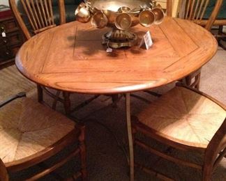 Dining table (with metal base)  and 4 chairs; brass punch bowl & cups