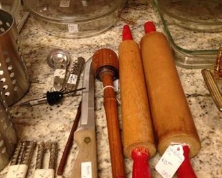 Vintage rolling pins; casserole dishes