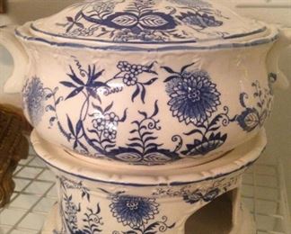 Blue and white serving covered dish