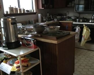 Kitchen small appliances, dishes, pots & pans, baking pans, coffee maker, retro tea cart