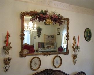 large mirror, sconces & pictures
