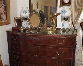 mahogany dresser & mirror  dresser items & lamps
