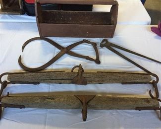Antiques: Two Single Trees, Ice Tongs & Farrier Hoof Nippers/Nail Pullers...
