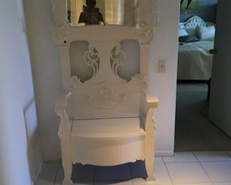 Shabby Chic White Hall Bench/Hall Tree with Mirror