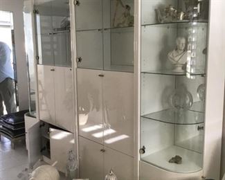 4 section white lacquer display cases with lights & storage
