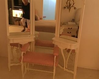 Hollywood Regency French Makeup Vanity with Mirrors & Bench