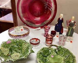 Beautiful hand-blown decorative glass bowl (rear), clear glass with reds, by Ira Sapir. Royal Doulton porcelain figurines (rear right): Phillippa of Hainault (right), Eleanor of Provence (right).