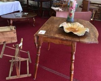 Antique, handmade, cranks to roll yarn!  Drop-leaf antique table, 41"x36".