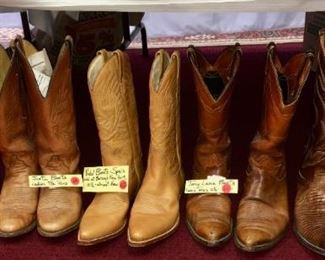 Tony Lama (TX) size 8; Justin (TX) size 7.5 (women's); Vidal (Spain) size 10.5; Tony Lama size 10.5; Nacona handmade lizard (TX) 11.5; women's heeled black leather (Italy) size 8 (not pictured)
