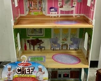 Doll house, chef costume (new), books, puzzles, toys, dolls for children