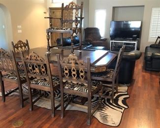 Zebra-esque Rug, Antique Dining Table w 6 Chairs 