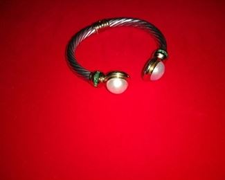 Sterling, 14K, Pearl and Emerald Cuff Bracelet