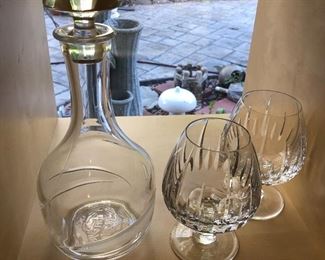 Crystal brandy decanter and two crystal brandy glasses