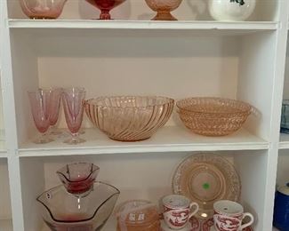 Pink depression glass, pink glassware, serving bowls, etc. 