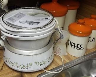 Crock Pot, Canisters, Fire King, Pyrex and Tupperware, flatware, lots of utensils, Americana and more!