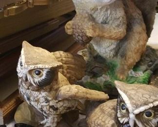 Owls and squirrels figurines, ashtrays, cherubs, angels, and santa figurines, music boxes, Japan porcelain figures.
