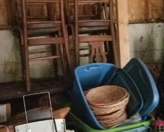 Set of 8 Antique chairs, bins and misc. outbuilding 1.