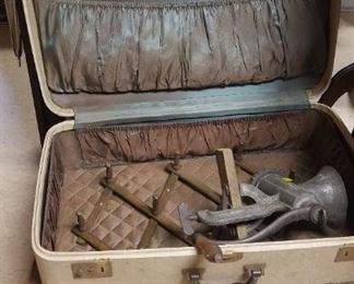 Large vintage meat grinder, vintage suitcases