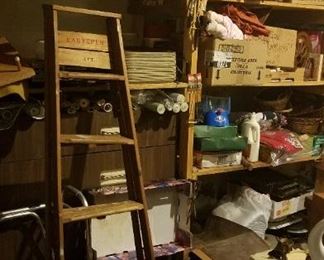 Wood ladder and shelves of miscellaneous household, decor, collectible dolls and Christmad decor