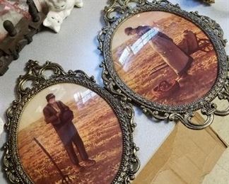 Vintage curved glass, framed art set.