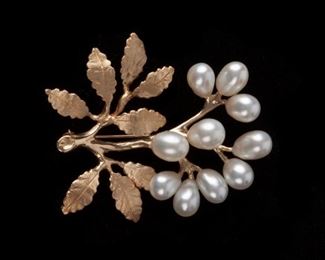 1: 14k Pearl Floral Spray Leaf Brooch