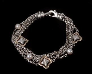 12: David Yurman 4-Strand Quatrefoil & Pearl Bracelet, Sterling & 18k