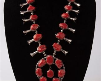 20: Navajo Red Coral Squash Blossom Necklace, Handcrafted & Signed