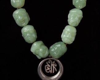 24: Jadeite Jade Carved Monk Budai Heads Necklace, Sterling