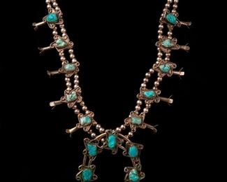 45: Navajo Turquoise Squash Blossom Necklace, Circa 1950's 