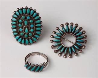 47: Group of Zuni Petit Point and Needle Point Rings and Brooch