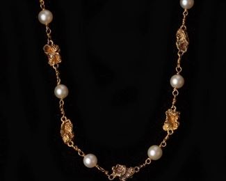 64: 14k and 24k Gold Nugget and Pearl Necklace