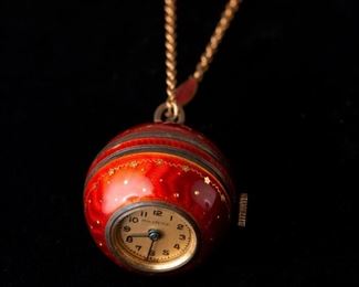 71: Antique Enamel Ball Watch Pendant & Chain, Sterling