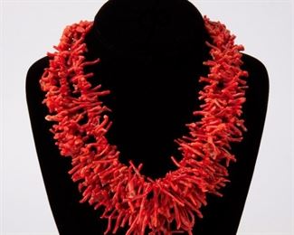 78: Three Strand Red Coral Branch Necklace, Silver Clasp