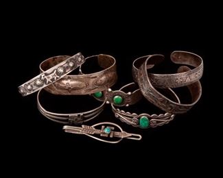 80: Group of Native American Whirling Log Cuff Bracelets and Tie Bar