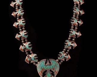 83: Navajo Peyote Bird Squash Blossom Necklace, Turquoise Coral Inlay