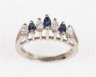 103: 14k Sapphire Diamond Inline Marquise Ring, Signed, Size 3.25