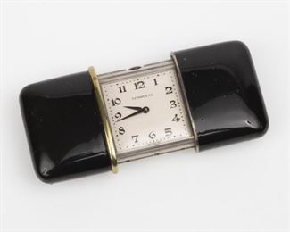 107: Tiffany Co. Movado Purse Watch w/Black Enamel Slider Case, Working
