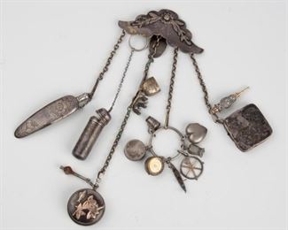 108: Antique Large Chatelaine w/ Five Chains, Sewing, Compass, Charms, Shiebler