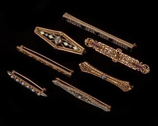 109: Group of 7 Gold and Gemstone Brooches, 10K & 14K