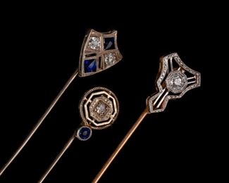 111: Group of 3 Gold and Diamond Antique Stick Pins
