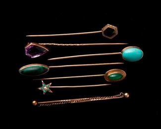 114: Group of 7 Gold and Gemstone Stick Pins, 14K & 18K