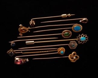 117: Group of 12 Gold and Gemstone Stick Pins, 10K & 14K