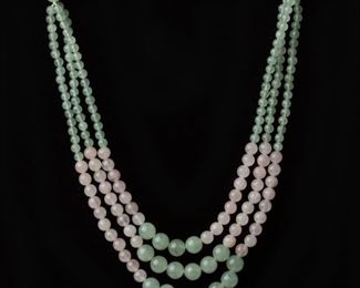 125: Aventurine and Rose Quartz Three Strand Bead Necklace
