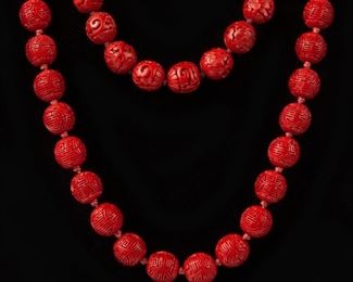 127: Two Chinese Cinnabar Carved Lacquer Bead Necklaces