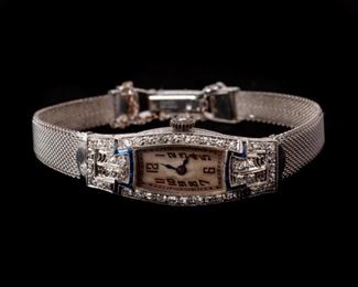 133: Platinum Art Deco Diamond Sapphire Watch