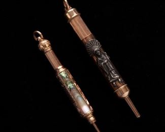 138: Group of 2 Pencil Pendants, Aikin Lambert Co, and Mother of Pearl