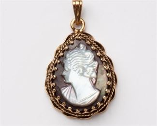 144: 14k Mother of Pearl Cameo Pendant, Signed