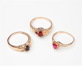 149: Group of 3 Gold Diamond Rings with Synthetic Sapphire & Rubies, Signed