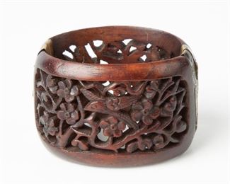 160: Hand Carved Hardwood Hinged Cuff Bracelet, Birds/Floral Motif 